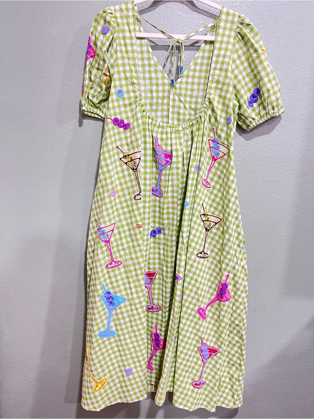 New QOS Green & White Multi Martini Colorblock Gingham Dress - Picture 3 of 6
